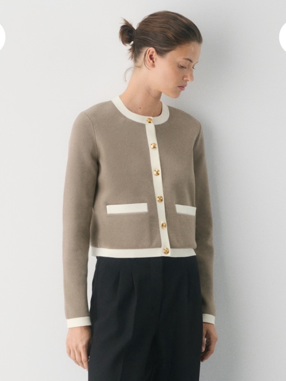 Aritzia Taupe Cardigan with Cream Trim and Gold Buttons